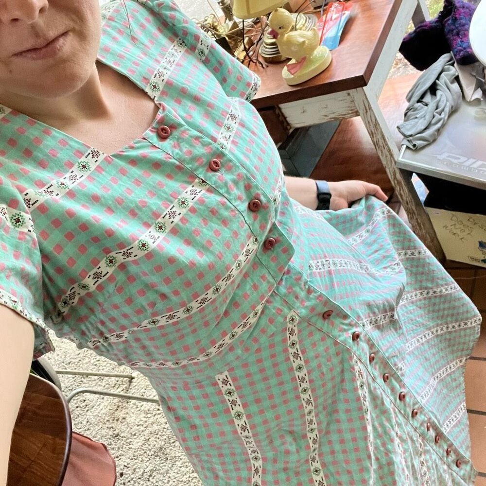 True Vintage Wayne Maid 1950s Gingham Shirtwaist Dress – Pink & Turquoise, M/L - Picture 11 of 14